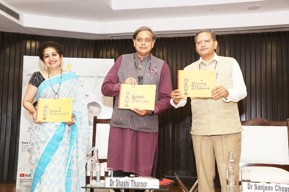 Dr Shashi Tharoor, MP and author and Dr Sanjeev Chopra, Retd IAS and author during  the release of The Hornbill Warrior on May 16 at Kamladevi Auditorium, India International Centre, New Delhi.